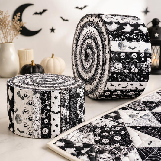 10pcs Vintage Skull Bat Ghost Black & White Halloween Theme Jelly Roll Fabric Strips 2.5X19.7inch Pre-Cut 100% Polyester For Patchwork Quilts, Table Runners, Placemats, Tote Bags, Storage Pouches, Makeup Bags, Coasters, Quilt Blocks & Binding