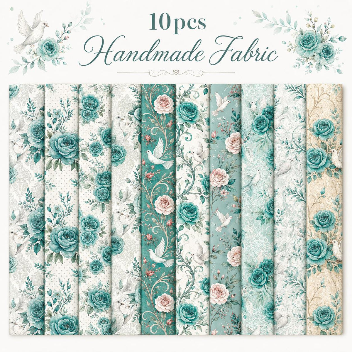 10pcs Vintage Blue Floral Burgundy Pattern Jelly Roll Fabric Strips 2.5X19.7inch Pre-Cut 100% Polyester For Patchwork Quilts, Table Runners, Placemats, Tote Bags, Storage Pouches, Makeup Bags, Coasters, Quilt Blocks & Binding