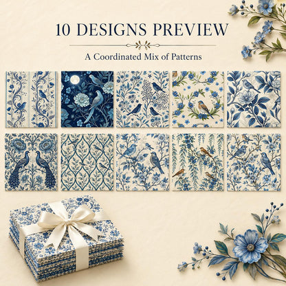10Pc/Set Blue Flower Bird Series Fat Quarter Fabric, Pre-Cut Square Fabric Assort, Fabric Set, Craft Fabric, Handmade DIY Patchwork Fabric,Home Quilting Sewing Fabric, Packaging Fabric, Scrapbooking Craft Hobbyist