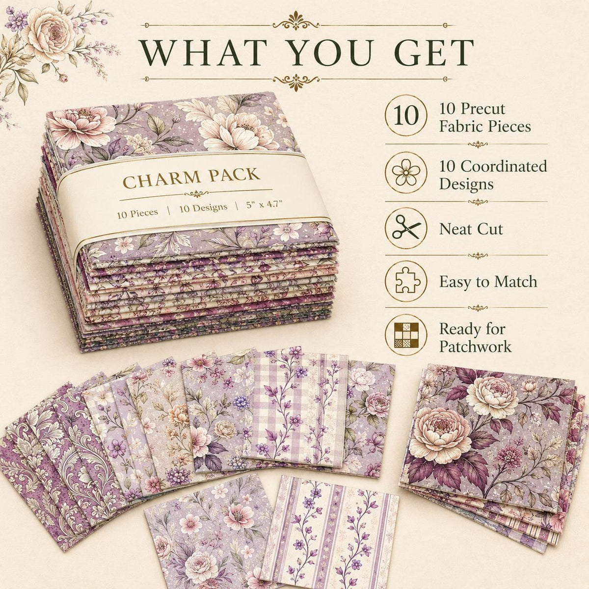 10Pc/Set Flower Purple Series Stripe Plaid Fat Quarter Fabric, Pre-Cut Square Fabric Assort, Fabric Set, Craft Fabric, Handmade DIY Patchwork Fabric,Home Quilting Sewing Fabric, Packaging Fabric, Scrapbooking Craft Hobbyist