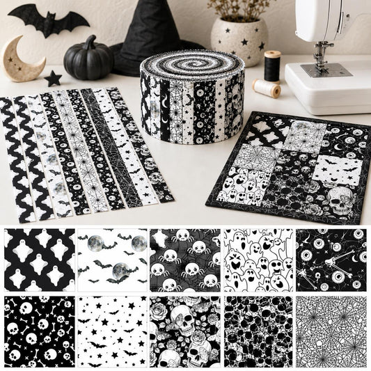 10pcs Vintage Skull Bat Ghost Black & White Halloween Theme Jelly Roll Fabric Strips 2.5X19.7inch Pre-Cut 100% Polyester For Patchwork Quilts, Table Runners, Placemats, Tote Bags, Storage Pouches, Makeup Bags, Coasters, Quilt Blocks & Binding