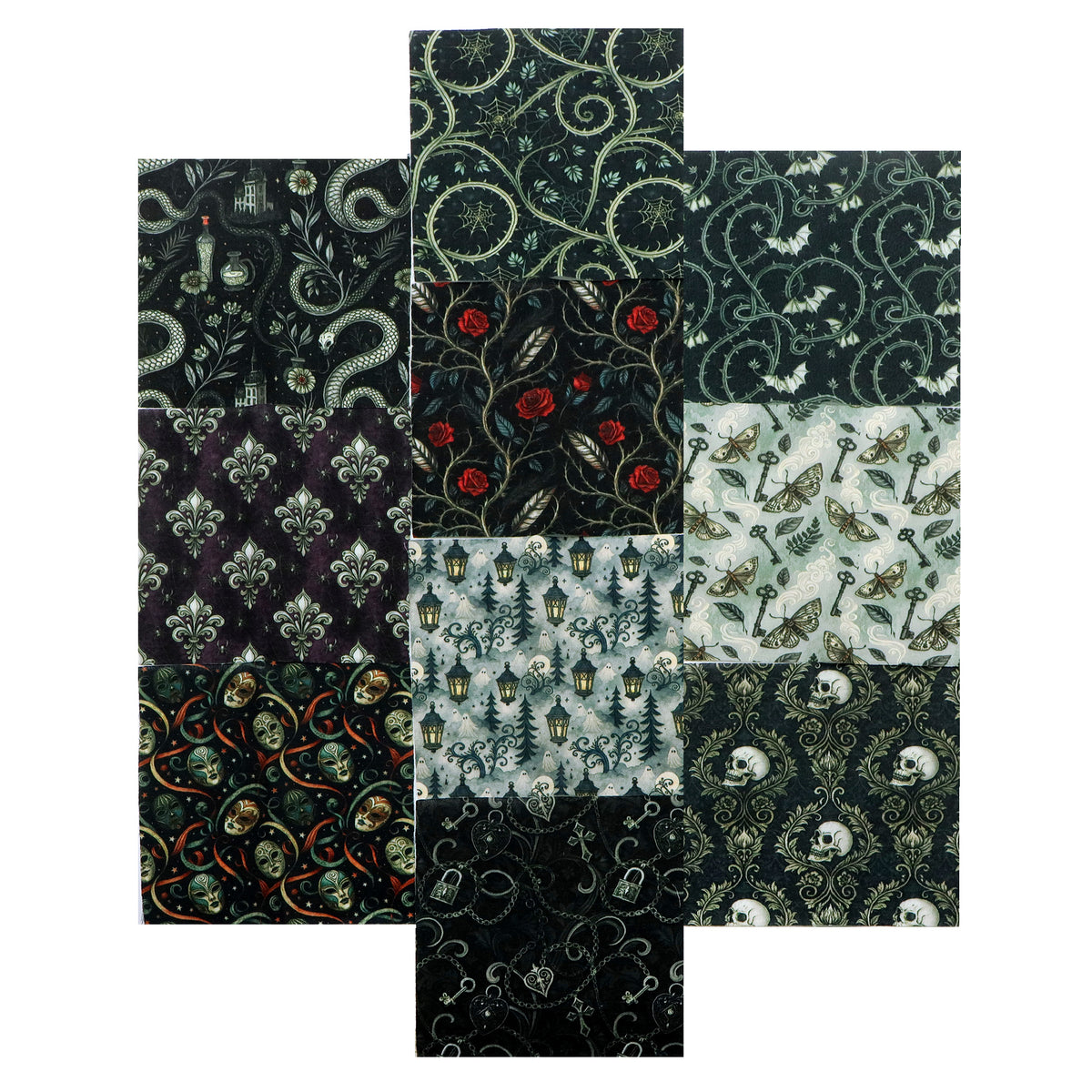 10Pc/Set Halloween Black Series Flower Skull Heart Butterfly Bat Fat Quarter Fabric, Pre-Cut Square Fabric Assort, Fabric Set, Craft Fabric, Handmade DIY Patchwork Fabric,Home Quilting Sewing Fabric, Packaging Fabric, Scrapbooking Craft Hobbyist