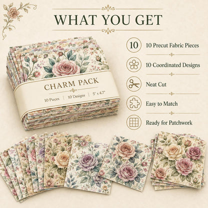 10pcs Charm Pack Set Floral Pattern Vintage Style Handmade DIY with Rich Color and Texture Elements 100% Polyester Patchwork in 10 Design Styles Suitable for Patchwork DIY Craft Projects DIY Wallet Making Gift Giving Bag Making Mother's Day Gift