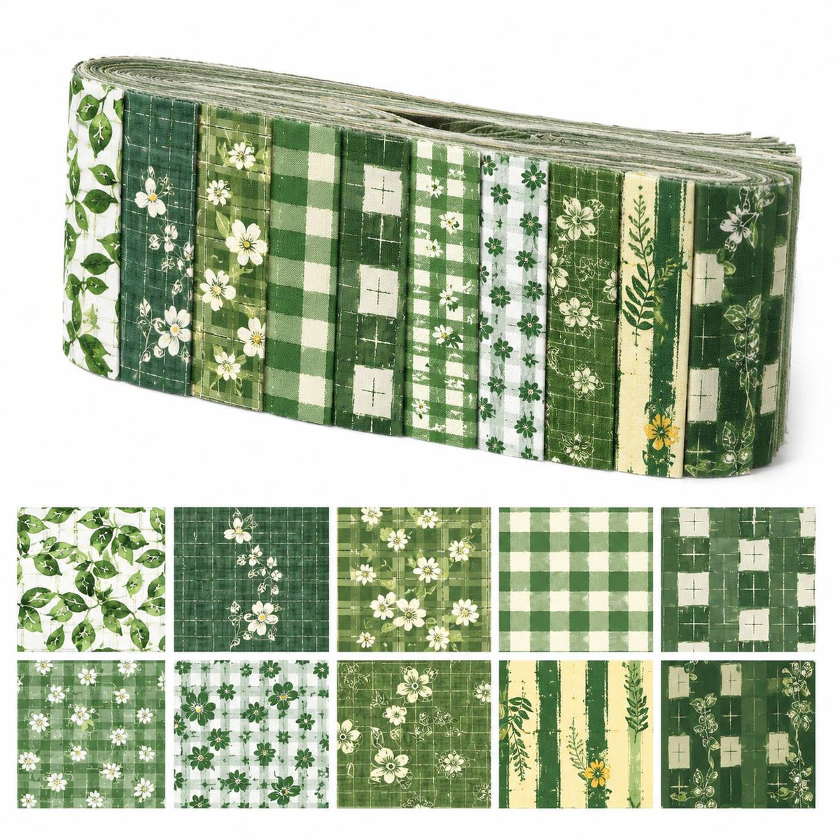 10pcs Vintage Floral Green Pattern Jelly Roll Fabric Strips 2.5X19.7inch Pre-cut 100% Polyester for Patchwork Quilts, Table Runners, Placemats, Tote Bags, Storage Pouches, Makeup Bags, Coasters, Quilt Blocks & Binding Multi-color