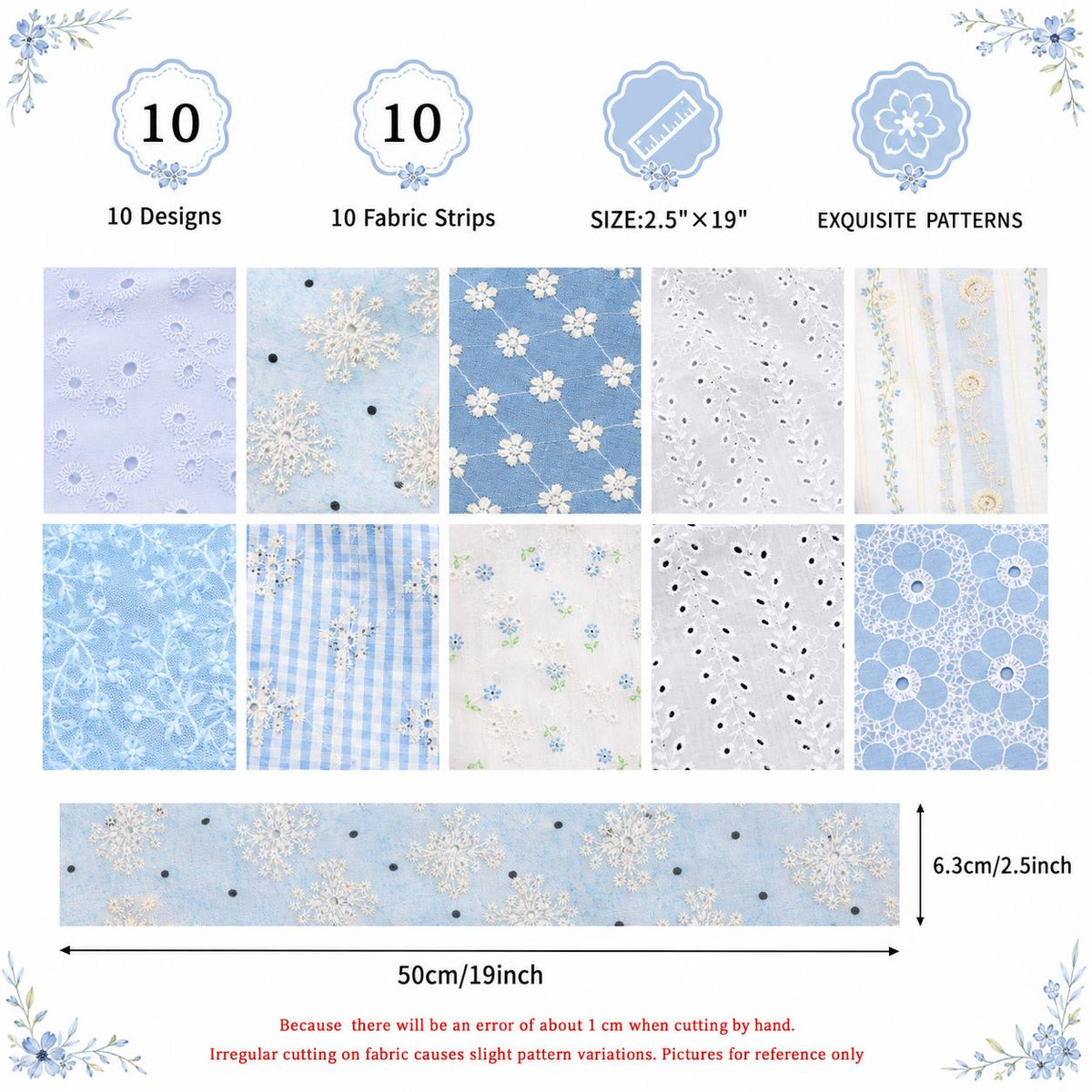 10pcs Vintage Floral Blue & White Pattern Purple Jelly Roll Fabric Strips 2.5X19.7inch Pre-cut 100% Polyester for Patchwork Quilts, Table Runners, Placemats, Tote Bags, Storage Pouches, Makeup Bags, Coasters, Quilt Blocks & Binding