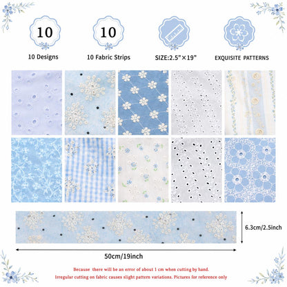10pcs Vintage Floral Blue & White Pattern Purple Jelly Roll Fabric Strips 2.5X19.7inch Pre-cut 100% Polyester for Patchwork Quilts, Table Runners, Placemats, Tote Bags, Storage Pouches, Makeup Bags, Coasters, Quilt Blocks & Binding