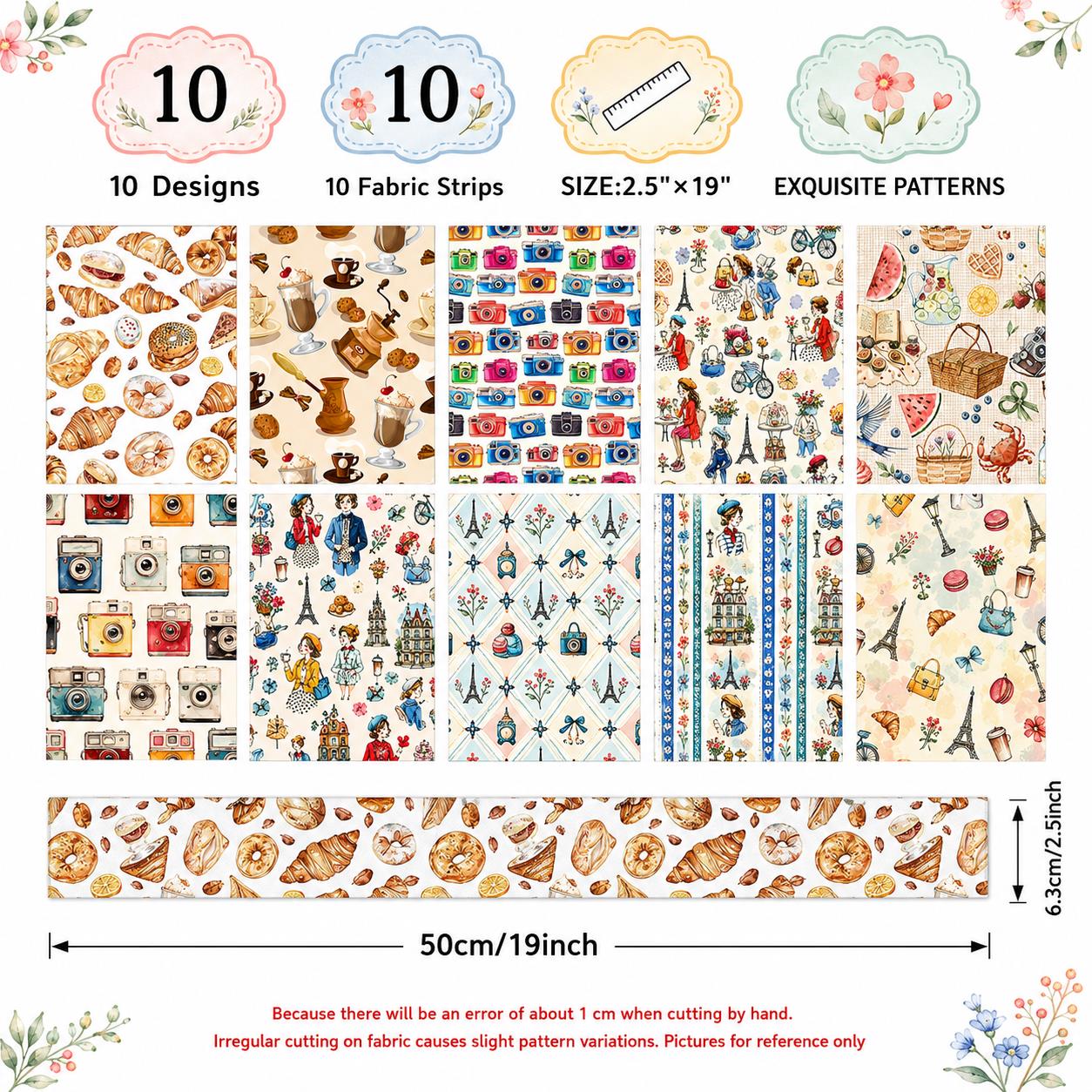 10pcs Camera Bread Jelly Roll Fabric Strips 2.5X19.7inch Pre-Cut 100% Polyester For Patchwork Quilts, Table Runners, Placemats, Tote Bags, Storage Pouches, Makeup Bags, Coasters, Quilt Blocks & Binding
