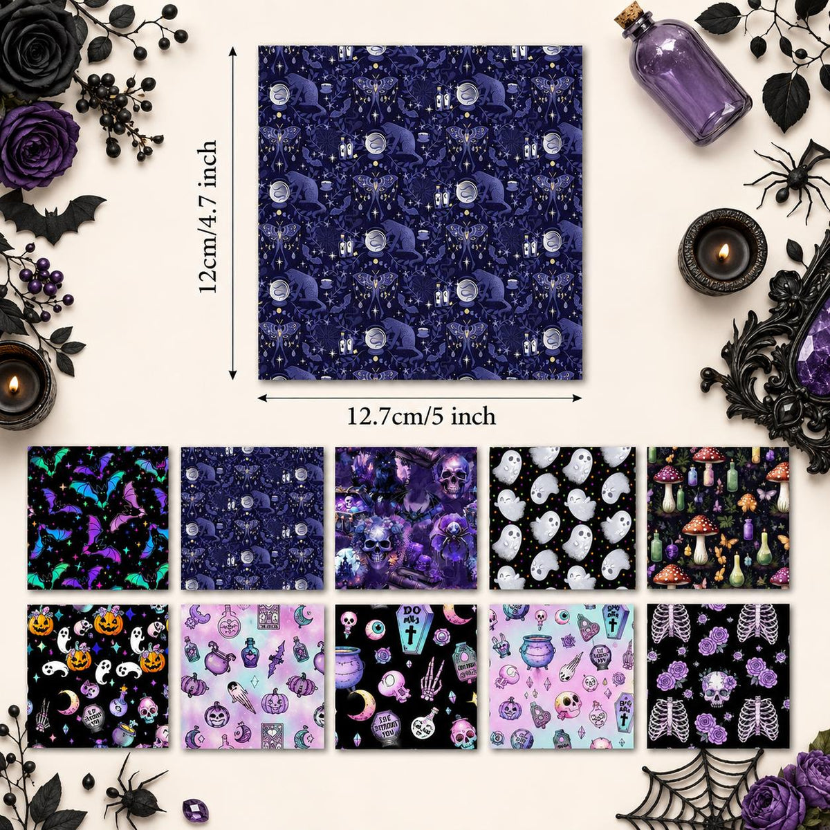 10Pc/Set Halloween Series Butterfly Heart Skull Pumpkin Cat Mushroom Rose Bat Fat Quarter Fabric, Pre-Cut Square Fabric Assort, Fabric Set, Craft Fabric, Handmade DIY Patchwork Fabric,Home Quilting Sewing Fabric, Packaging Fabric, Scrapbooking Craft Hobby