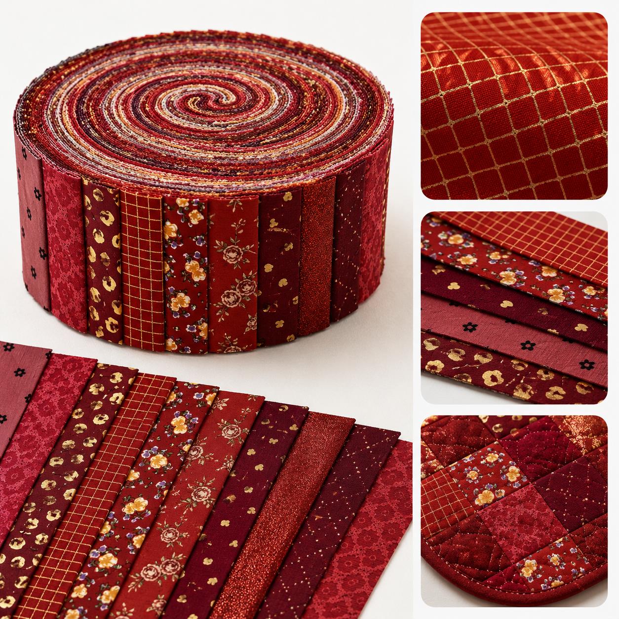 10Pc/Set, Making 10 Images 1pc Each, Each Size: 6.3*50cm Floral Red Series Sliced Fabric Set Style Combination, Polyester Jelly Roll Fabric Strips, Pre-Cut Quilting Squares, For Quilting DIY, Handicrafts And Sewing, Blankets, Rugs, Interior Decoration