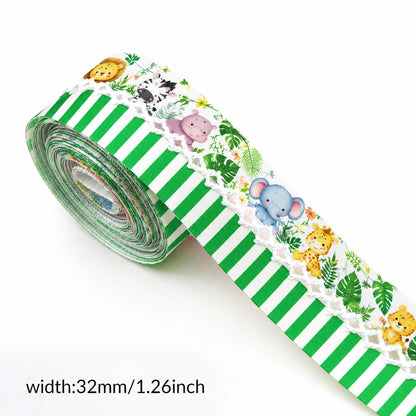 5 Yards Cute Animal Series Ribbon Adorned with Elephant Lions Tiger Stripe Pattern, Width 32mm/1.26-Inch, Two Ribbon Equipped with White Center Hook Edge, Ideal for Showcasing Jewelry And Wrapping Gifts, Creating Bows, Holiday Decorations