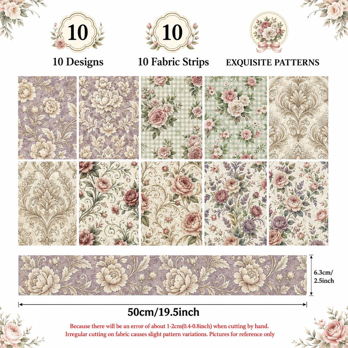 10pcs Vintage Floral Pattern Jelly Roll Fabric Strips 2.5X19.7inch Pre-Cut 100% Polyester For Patchwork Quilts, Table Runners, Placemats, Tote Bags, Storage Pouches, Makeup Bags, Coasters, Quilt Blocks & Binding