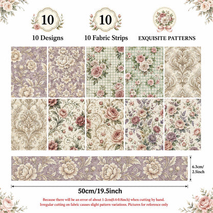 10pcs Vintage Floral Pattern Jelly Roll Fabric Strips 2.5X19.7inch Pre-Cut 100% Polyester For Patchwork Quilts, Table Runners, Placemats, Tote Bags, Storage Pouches, Makeup Bags, Coasters, Quilt Blocks & Binding