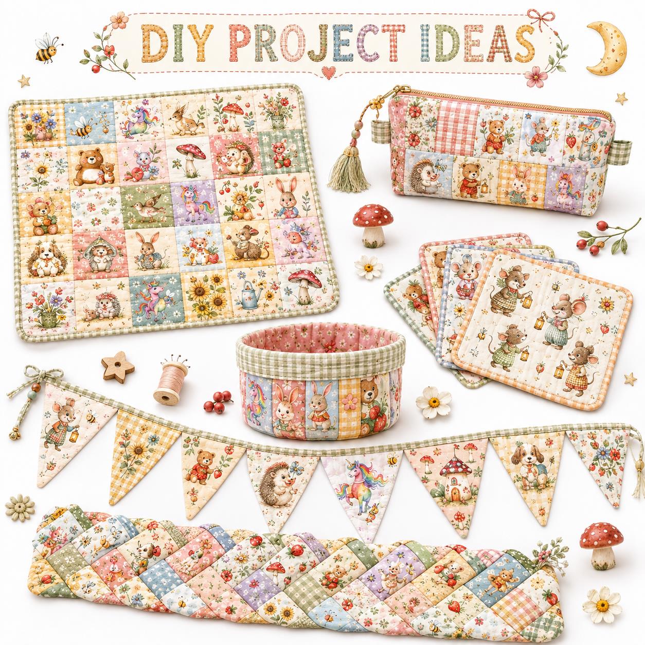 20pcs Vintage Bear Cat Hedgehog Animal Series Jelly Roll Fabric Strips 2.5X19.7inch Delicate Printed Multi-Color 100% Polyester For DIY Handmade Patchwork, Table Runners, Placemats, Tote Bags, Storage Pouches, Makeup Bags, Coasters, Quilt Blocks & Binding