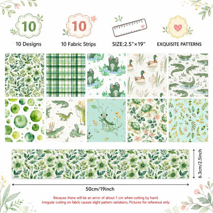 10Pc/Set, Making 10 Images 1pc Each, Each Size: 6.3*50cm Animal Frog Green Series Sliced Fabric Set Style Combination, Polyester Jelly Roll Fabric Strips, Pre-Cut Quilting Squares, For Quilting DIY, Handicrafts And Sewing, Blankets, Rugs