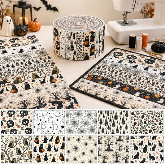 10pcs Vintage Pumpkin Spider Halloween Theme Jelly Roll Fabric Strips 2.5X19.7inch Pre-Cut 100% Polyester For Patchwork Quilts, Table Runners, Placemats, Tote Bags, Storage Pouches, Makeup Bags, Coasters, Quilt Blocks & Binding