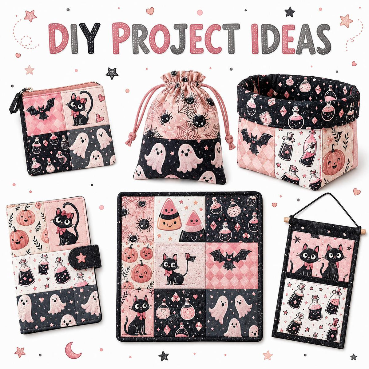 10pcs Charm Pack Set  Bat Ghost Cat Pumpkin Halloween Vintage Style Pattern Handmade DIY with Rich Color and Texture Elements 100% Polyester Patchwork in 10 Design Styles Suitable for Patchwork DIY Craft Projects DIY Wallet Making Gift Giving Bag Making