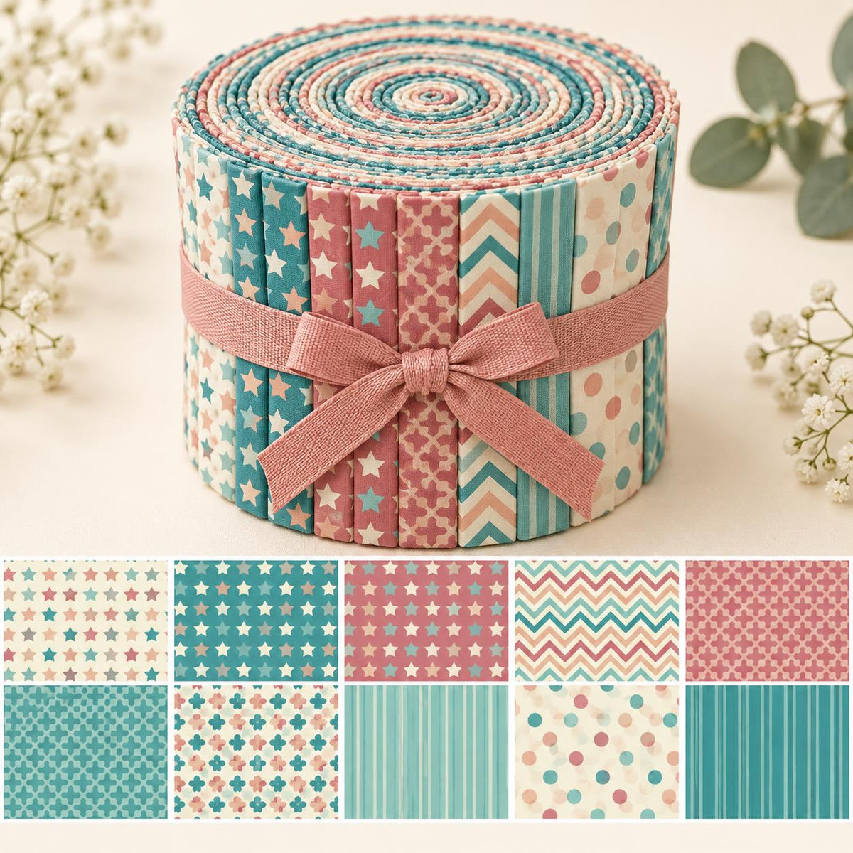 10pcs Vintage Dot Flower Pattern Jelly Roll Fabric Strips 2.5X19.7inch Pre-Cut 100% Polyester For Patchwork Quilts, Table Runners, Placemats, Tote Bags, Storage Pouches, Makeup Bags, Coasters, Quilt Blocks & Binding