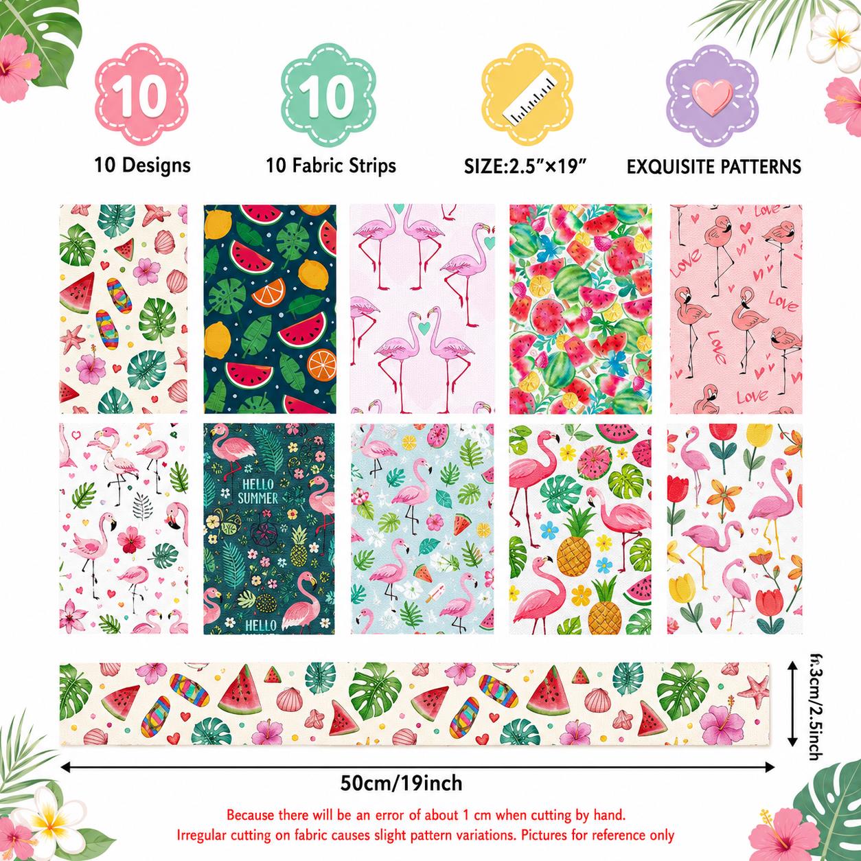10Pc/Set, Making 10 Images 1pc Each, Each Size: 6.3*50cm Summer Watermelon Flamingo Series Sliced Fabric Set Style Combination, Polyester Jelly Roll Fabric Strips, Pre-Cut Quilting Squares, For Quilting DIY, Handicrafts And Sewing, Blankets, Rugs