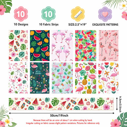 10Pc/Set, Making 10 Images 1pc Each, Each Size: 6.3*50cm Summer Watermelon Flamingo Series Sliced Fabric Set Style Combination, Polyester Jelly Roll Fabric Strips, Pre-Cut Quilting Squares, For Quilting DIY, Handicrafts And Sewing, Blankets, Rugs