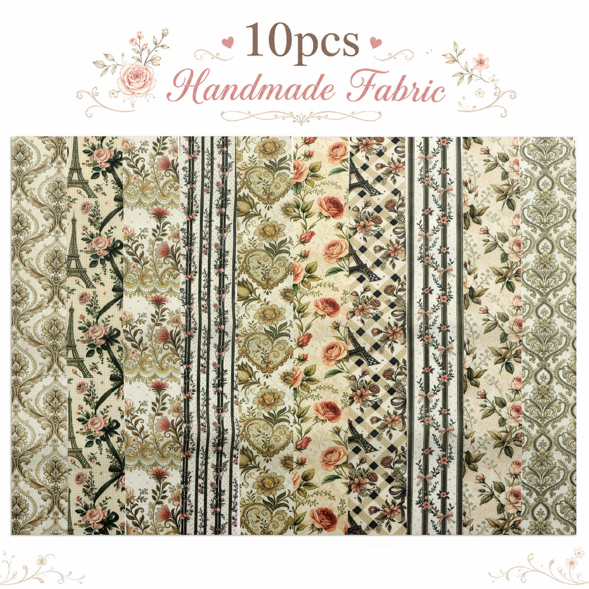 10pcs Vintage Floral Pattern Jelly Roll Fabric Strips 2.5X19.7inch Pre-Cut 100% Polyester For Patchwork Quilts, Table Runners, Placemats, Tote Bags, Storage Pouches, Makeup Bags, Coasters, Quilt Blocks & Binding