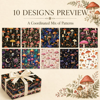10Pc/Set Mushroom Series Flower Butterfly Cat Strawberry Moon Fat Quarter Fabric, Pre-Cut Square Fabric Assort, Fabric Set, Craft Fabric, Handmade DIY Patchwork Fabric,Home Quilting Sewing Fabric, Packaging Fabric, Scrapbooking Craft Hobbyist