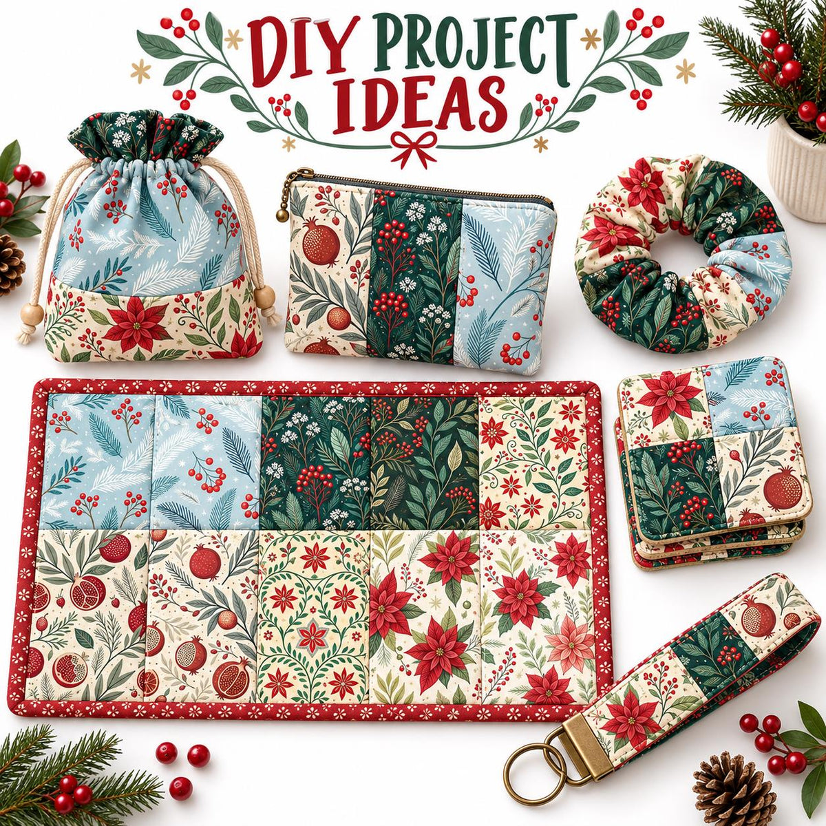 10Pc/Set Christmas Series Flower Pomegranate Holly Fat Quarter Fabric, Pre-Cut Square Fabric Assort, Fabric Set, Craft Fabric, Handmade DIY Patchwork Fabric,Home Quilting Sewing Fabric, Packaging Fabric, Scrapbooking Craft Hobbyist