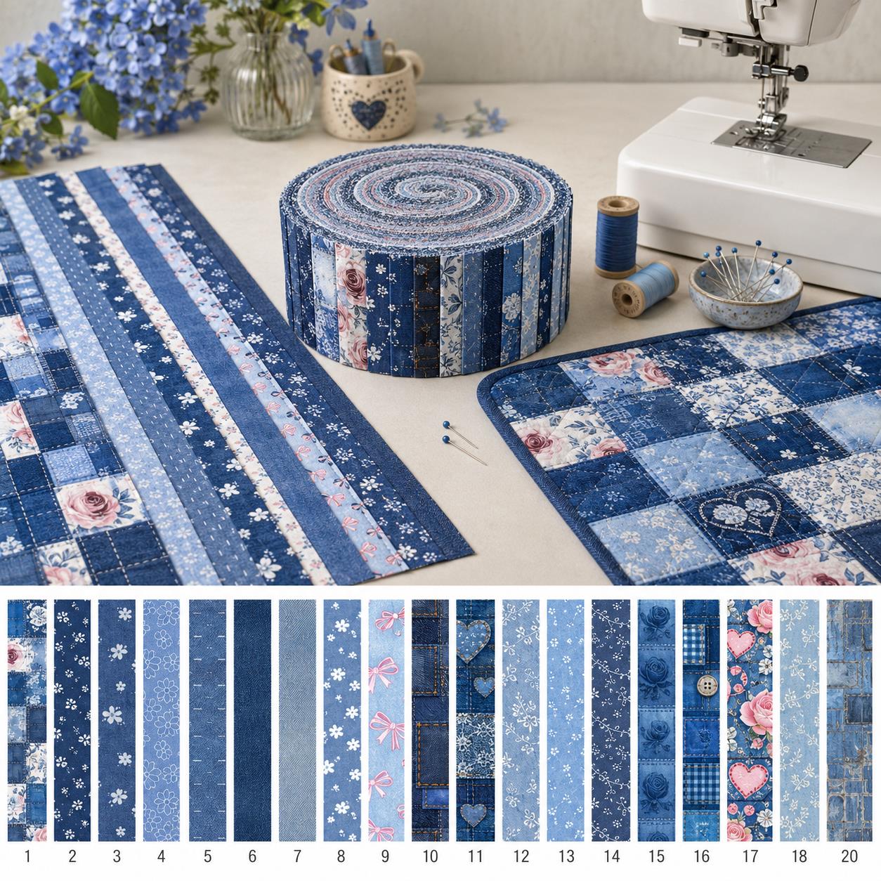20pcs Vintage Denim Pattern Blue Series Jelly Roll Sliced Fabric Strips 2.5X19.7inch Pre-Cut Floral Bow Knot Printed Multi-Color 100% Polyester For DIY Handmade Patchwork, Table Runners, Placemats, Tote Bags, Storage Pouches, Makeup Bags, Coasters