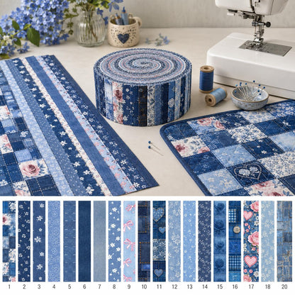 20pcs Vintage Denim Pattern Blue Series Jelly Roll Sliced Fabric Strips 2.5X19.7inch Pre-Cut Floral Bow Knot Printed Multi-Color 100% Polyester For DIY Handmade Patchwork, Table Runners, Placemats, Tote Bags, Storage Pouches, Makeup Bags, Coasters