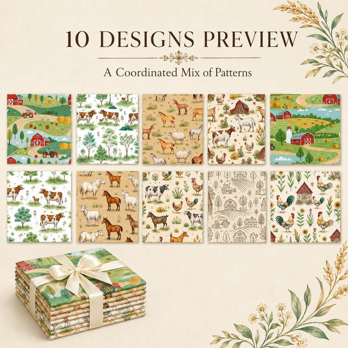 10pcs Charm Pack Set Farm House Cow Pattern Vintage Style Handmade DIY with Rich Color and Texture Elements 100% Polyester Patchwork in 10 Design Styles Suitable for Patchwork DIY Craft Projects DIY Wallet Making Gift Giving Bag Making Mother's Day Gift