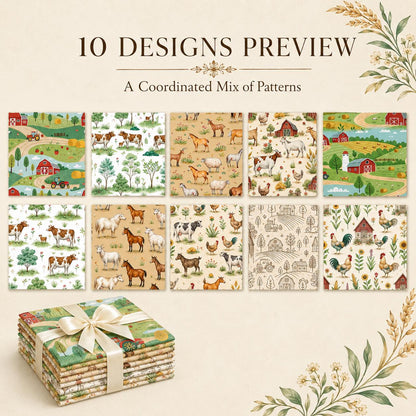 10pcs Charm Pack Set Farm House Cow Pattern Vintage Style Handmade DIY with Rich Color and Texture Elements 100% Polyester Patchwork in 10 Design Styles Suitable for Patchwork DIY Craft Projects DIY Wallet Making Gift Giving Bag Making Mother's Day Gift