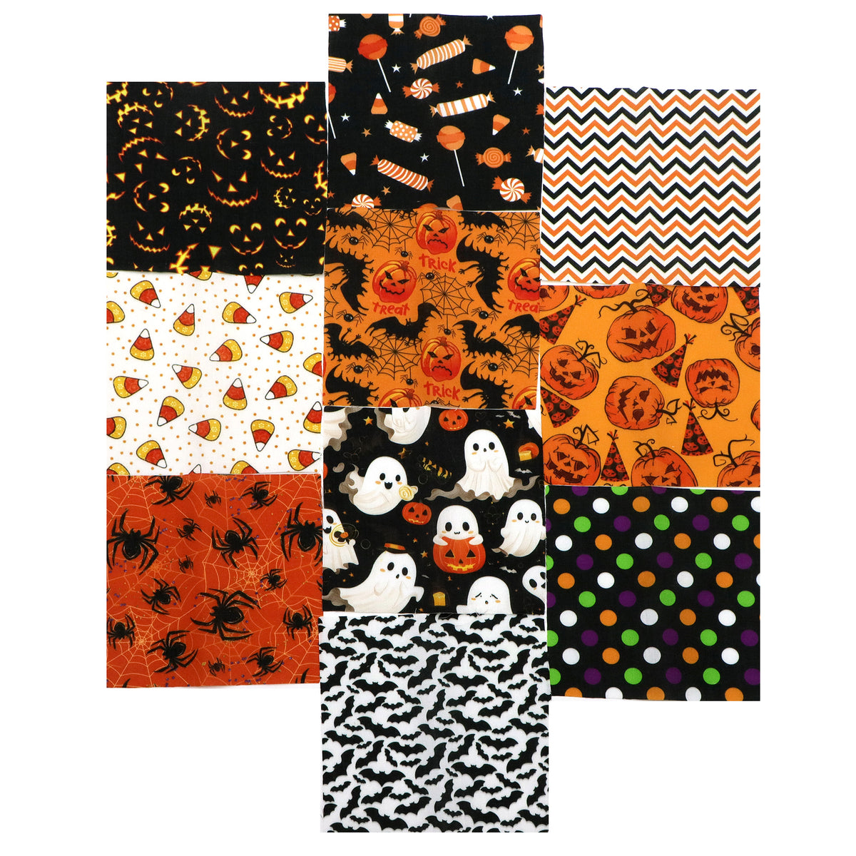 10pcs Charm Pack Set Pumpkin Bat Ghost Halloween Pattern Vintage Style Handmade DIY with Rich Color and Texture Elements 100% Polyester Patchwork in 10 Design Styles Suitable for Patchwork DIY Craft Projects DIY Wallet Making Gift Giving Bag Making Mother