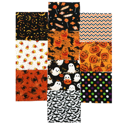 10pcs Charm Pack Set Pumpkin Bat Ghost Halloween Pattern Vintage Style Handmade DIY with Rich Color and Texture Elements 100% Polyester Patchwork in 10 Design Styles Suitable for Patchwork DIY Craft Projects DIY Wallet Making Gift Giving Bag Making Mother