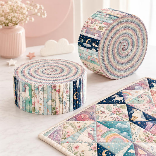 10pcs Vintage Unicorn Moon Pattern Jelly Roll Fabric Strips 2.5X19.7inch Pre-Cut 100% Polyester For Patchwork Quilts, Table Runners, Placemats, Tote Bags, Storage Pouches, Makeup Bags, Coasters, Quilt Blocks & Binding