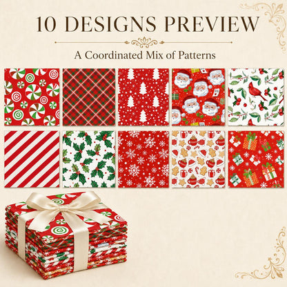 10pcs Charm Pack Set Holly Santa Christmas Pattern Vintage Style Handmade DIY with Rich Color and Texture Elements 100% Polyester Patchwork in 10 Design Styles Suitable for Patchwork DIY Craft Projects DIY Wallet Making Gift Giving Bag Making Mother's Day
