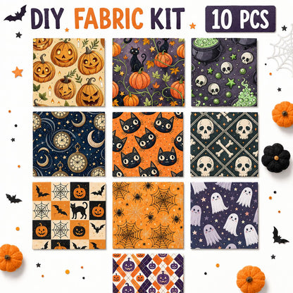 10pcs Charm Pack Set Bat Pumpkin Skull Cat Halloween Vintage Style Pattern Handmade DIY with Rich Color and Texture Elements 100% Polyester Patchwork in 10 Design Styles Suitable for Patchwork DIY Craft Projects DIY Wallet Making Gift Giving Bag Making