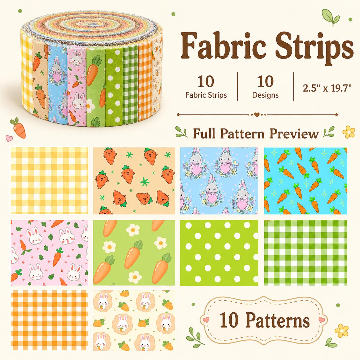 10pcs Vintage carrot Rabbit Bunny Pattern Jelly Roll Fabric Strips 2.5X19.7inch Pre-cut 100% Polyester for Patchwork Quilts, Table Runners, Placemats, Tote Bags, Storage Pouches, Makeup Bags, Coasters, Quilt Blocks & Binding