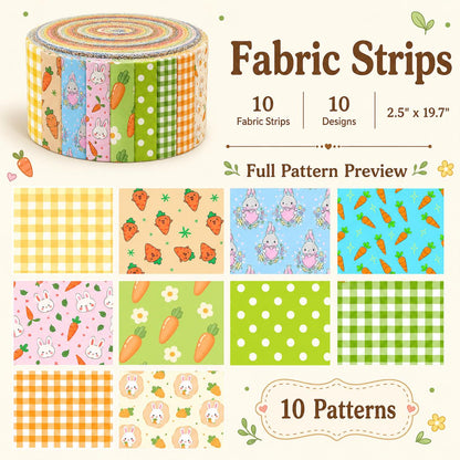 10pcs Vintage carrot Rabbit Bunny Pattern Jelly Roll Fabric Strips 2.5X19.7inch Pre-cut 100% Polyester for Patchwork Quilts, Table Runners, Placemats, Tote Bags, Storage Pouches, Makeup Bags, Coasters, Quilt Blocks & Binding