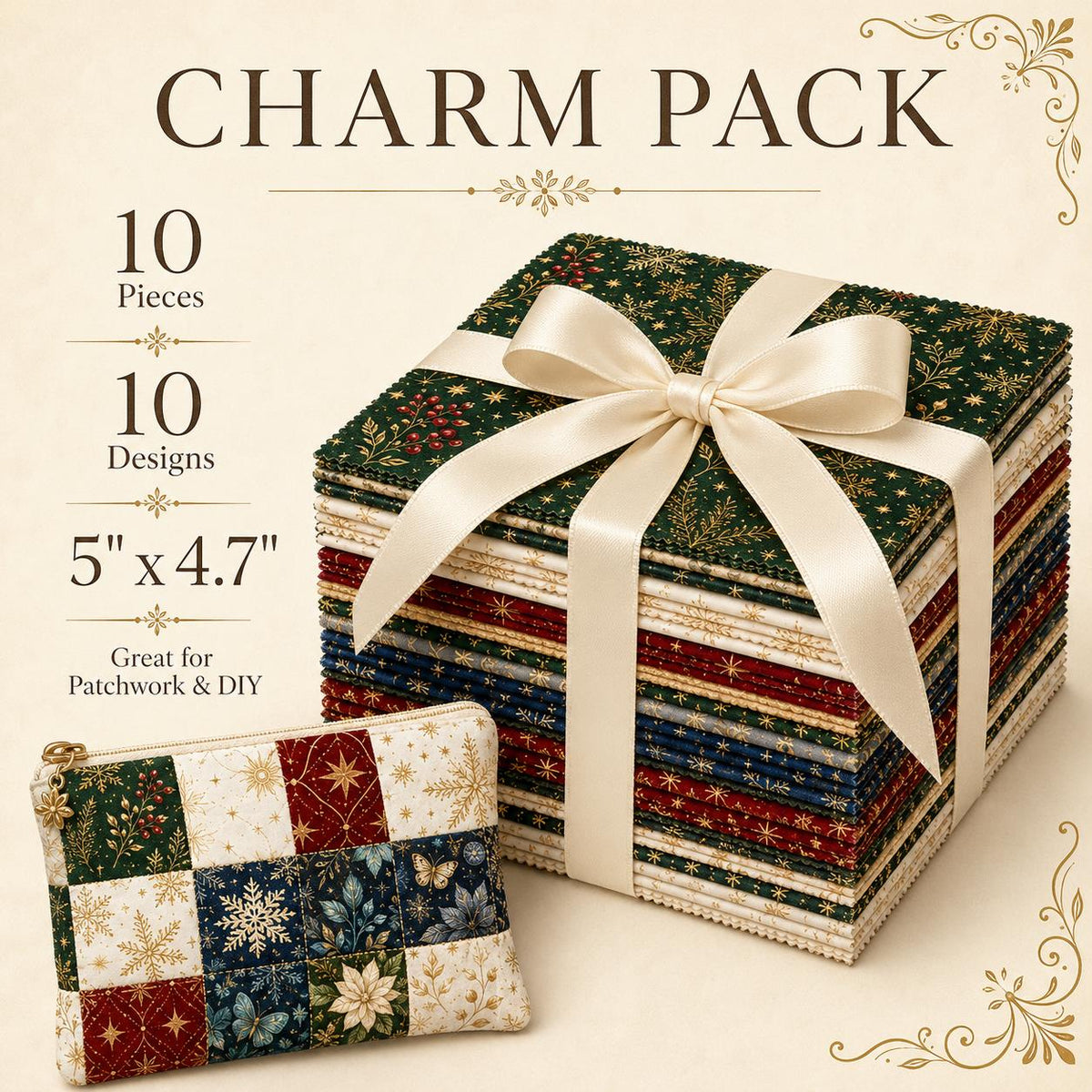 10pcs Charm Pack Set Christmas Holly Snow Pattern Vintage Style Handmade DIY with Rich Color and Texture Elements 100% Polyester Patchwork in 10 Design Styles Suitable for Patchwork DIY Craft Projects DIY Wallet Making Gift Giving Bag Making Mother's Day