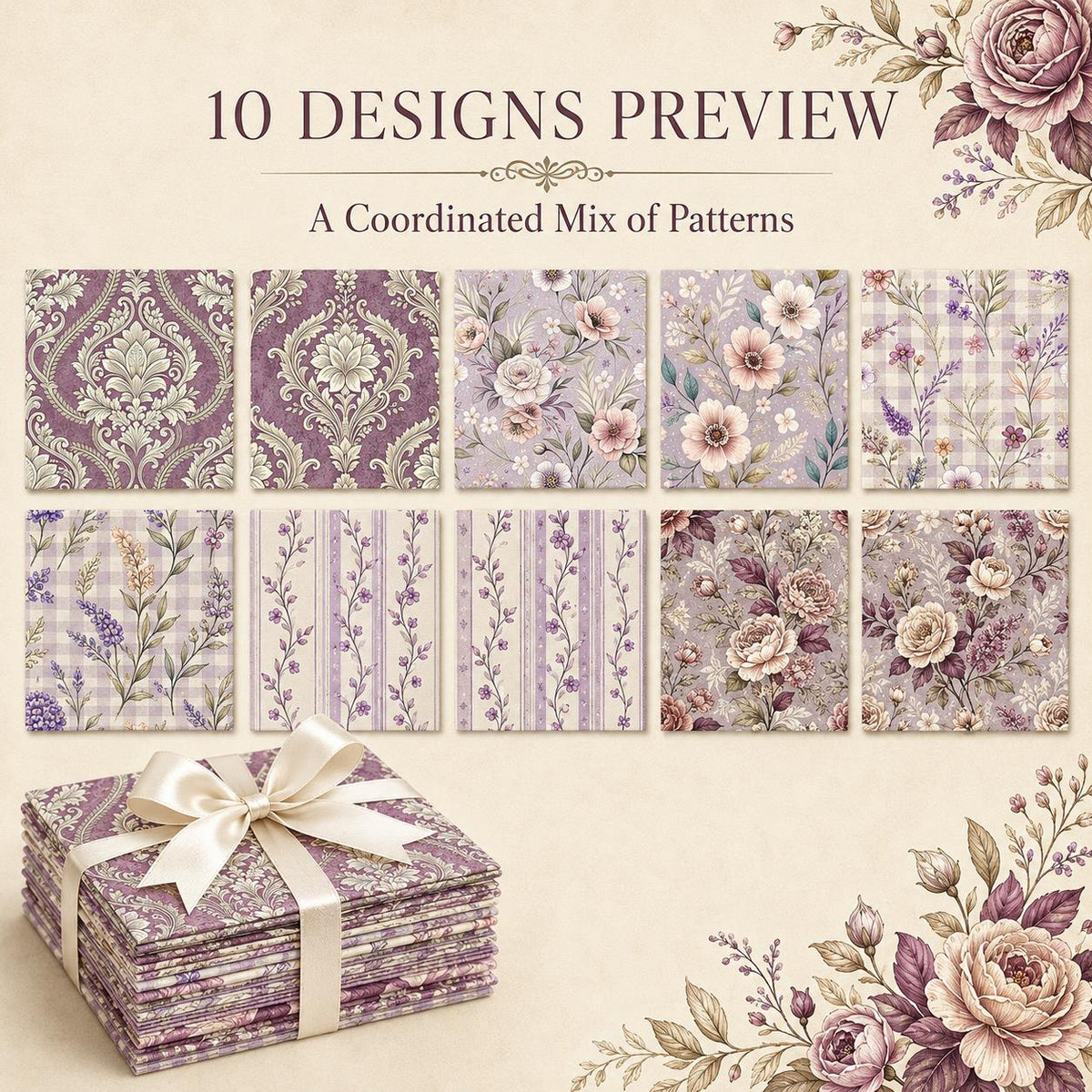 10Pc/Set Flower Purple Series Stripe Plaid Fat Quarter Fabric, Pre-Cut Square Fabric Assort, Fabric Set, Craft Fabric, Handmade DIY Patchwork Fabric,Home Quilting Sewing Fabric, Packaging Fabric, Scrapbooking Craft Hobbyist