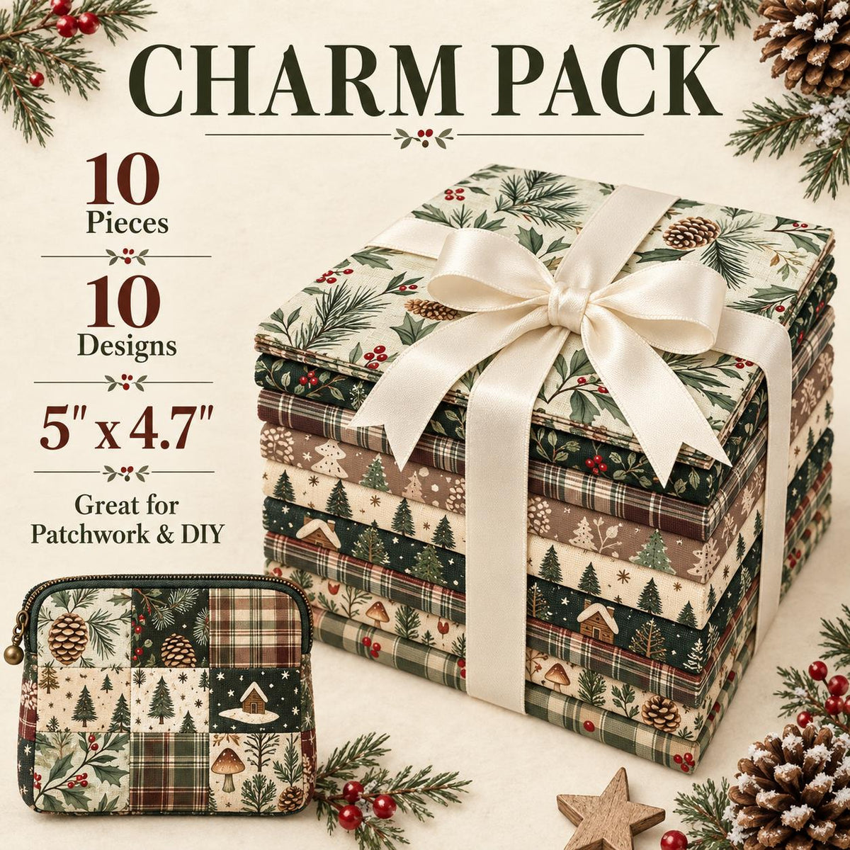 10Pc/set Christmas Series plaid tree mushroom Holly Pinecones Fat Quarter Fabric, Pre-Cut Square Fabric Assort, Fabric Set, Craft Fabric, Handmade DIY Patchwork Fabric,Home Quilting Sewing Fabric, Packaging Fabric, Scrapbooking Craft Hobbyist