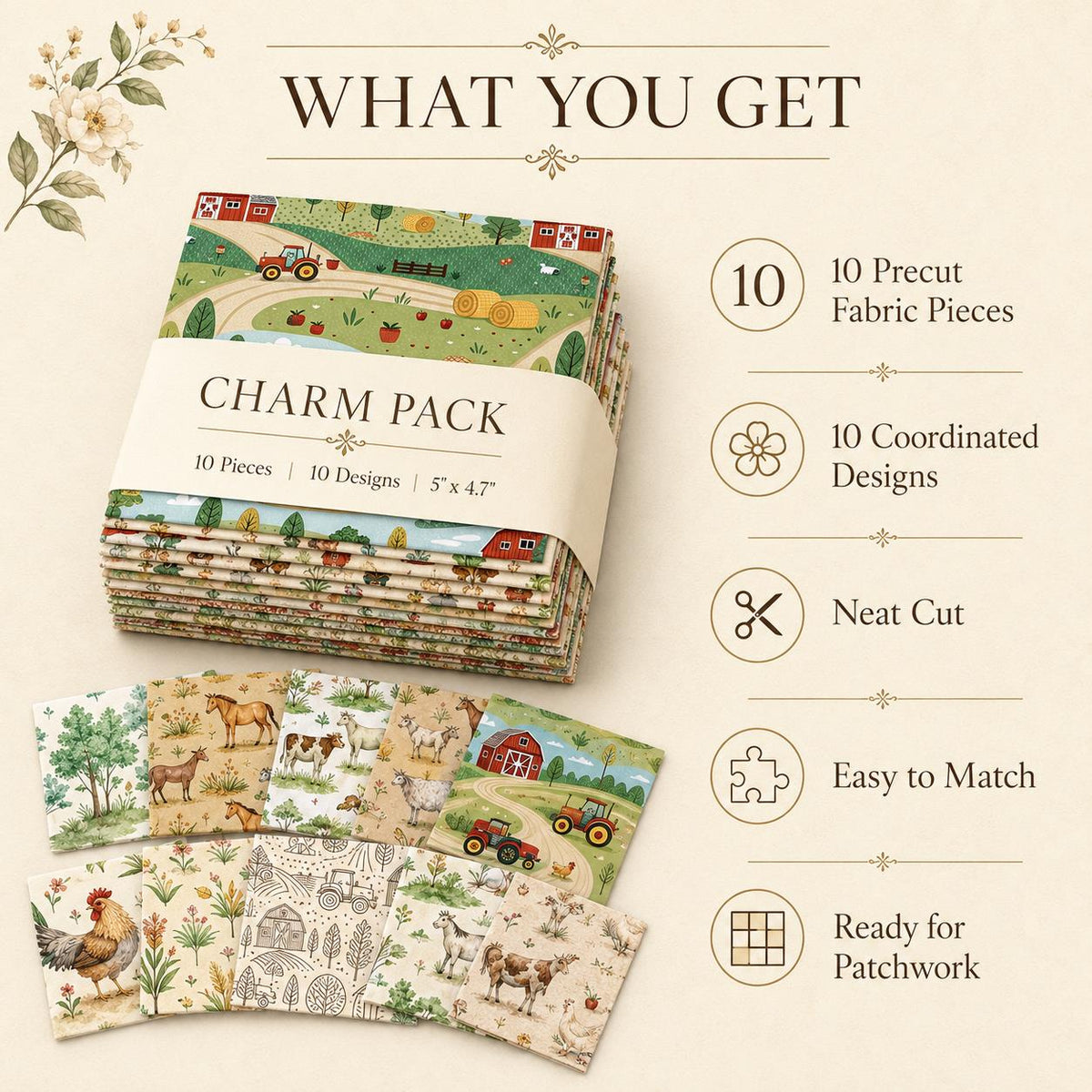 10pcs Charm Pack Set Farm House Cow Pattern Vintage Style Handmade DIY with Rich Color and Texture Elements 100% Polyester Patchwork in 10 Design Styles Suitable for Patchwork DIY Craft Projects DIY Wallet Making Gift Giving Bag Making Mother's Day Gift