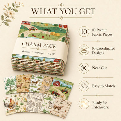 10pcs Charm Pack Set Farm House Cow Pattern Vintage Style Handmade DIY with Rich Color and Texture Elements 100% Polyester Patchwork in 10 Design Styles Suitable for Patchwork DIY Craft Projects DIY Wallet Making Gift Giving Bag Making Mother's Day Gift