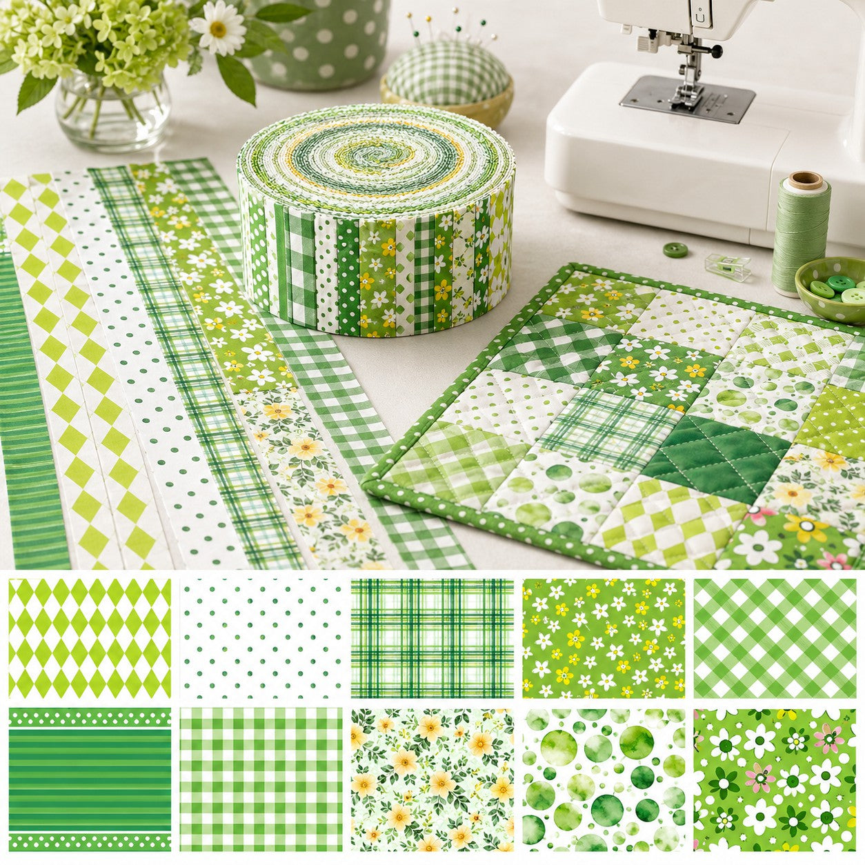 10Pc/Set, Making 10 Images 1pc Each, Each Size: 6.3*50cm Geometric Floral Green Series Sliced Fabric Set Style Combination, Polyester Jelly Roll Fabric Strips, Pre-Cut Quilting Squares, For Quilting DIY, Handicrafts And Sewing, Blankets, Rugs