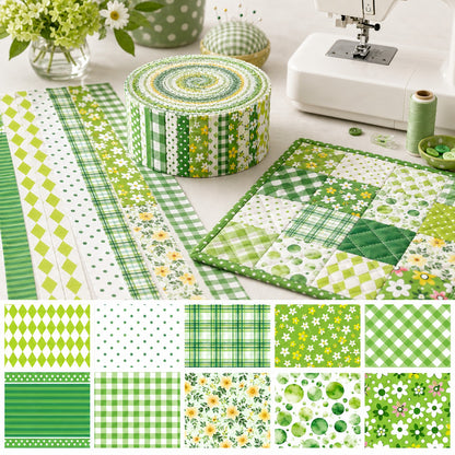 10Pc/Set, Making 10 Images 1pc Each, Each Size: 6.3*50cm Geometric Floral Green Series Sliced Fabric Set Style Combination, Polyester Jelly Roll Fabric Strips, Pre-Cut Quilting Squares, For Quilting DIY, Handicrafts And Sewing, Blankets, Rugs