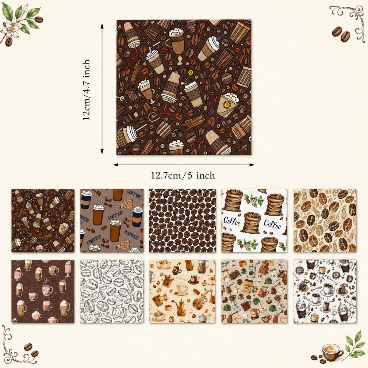10Pc/Set Coffee Beans Series Leaves Drinks Fat Quarter Fabric, Pre-Cut Square Fabric Assort, Fabric Set, Craft Fabric, Handmade DIY Patchwork Fabric,Home Quilting Sewing Fabric, Packaging Fabric, Scrapbooking Craft Hobbyist