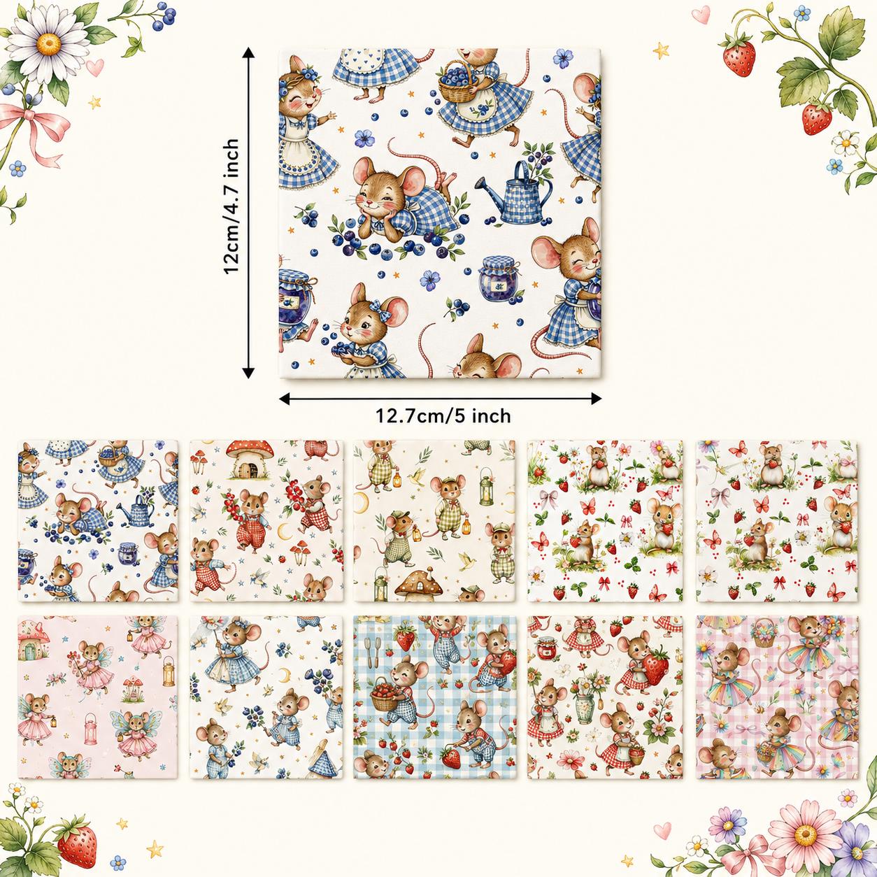 10pcs Charm Pack Set Mouse Mushroom Vintage Style Pattern Handmade DIY with Rich Color and Texture Elements 100% Polyester Patchwork in 10 Design Styles Suitable for Patchwork DIY Craft Projects DIY Wallet Making Gift Giving Bag Making Mother's Day Gift