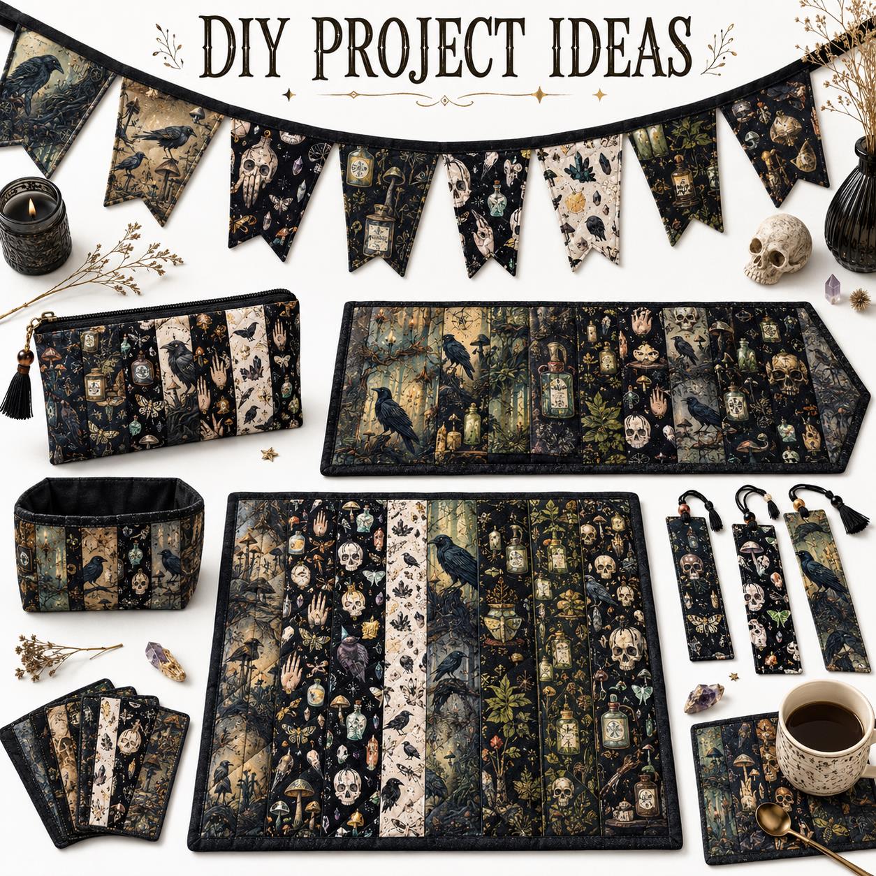 10pcs Vintage Skull Crow Black Pattern Jelly Roll Fabric Strips 2.5X19.7inch Pre-cut 100% Polyester for Patchwork Quilts, Table Runners, Placemats, Tote Bags, Storage Pouches, Makeup Bags, Coasters, Quilt Blocks & Binding
