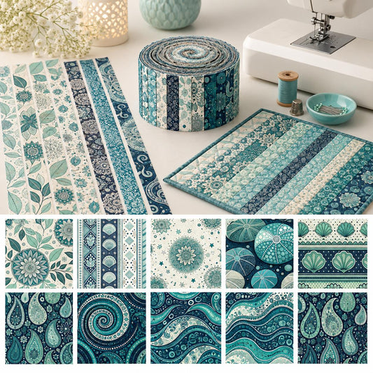 10pcs Vintage Geometric Ethnic Style Blue Jelly Roll Fabric Strips 2.5X19.7inch Pre-Cut 100% Polyester For Patchwork Quilts, Table Runners, Placemats, Tote Bags, Storage Pouches, Makeup Bags, Coasters, Quilt Blocks & Binding