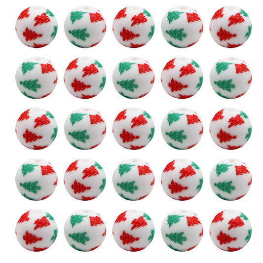 Christmas Tree Silicone Beads for Jewelry Making - Pearlescent Loose Round Beads with Hole, DIY Craft Supplies for Bracelets, Keychains, Handmade Fashion Accessories - 5PCS Assortment