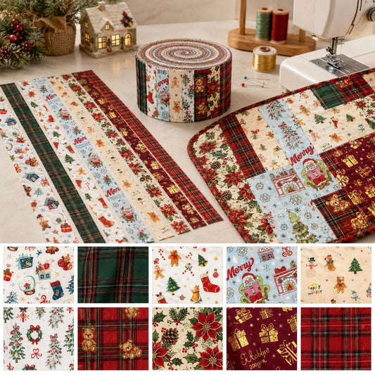10pcs Vintage Snow Santa Plaid Christmas Theme Jelly Roll Fabric Strips 2.5X19.7inch Pre-Cut 100% Polyester For Patchwork Quilts, Table Runners, Placemats, Tote Bags, Storage Pouches, Makeup Bags, Coasters, Quilt Blocks & Binding